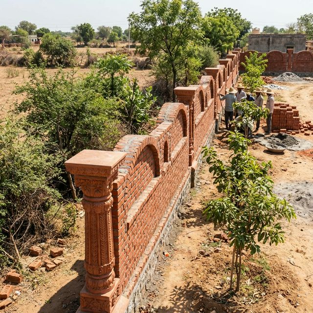 Strong boundary wall built with durable red bricks in Darrang district