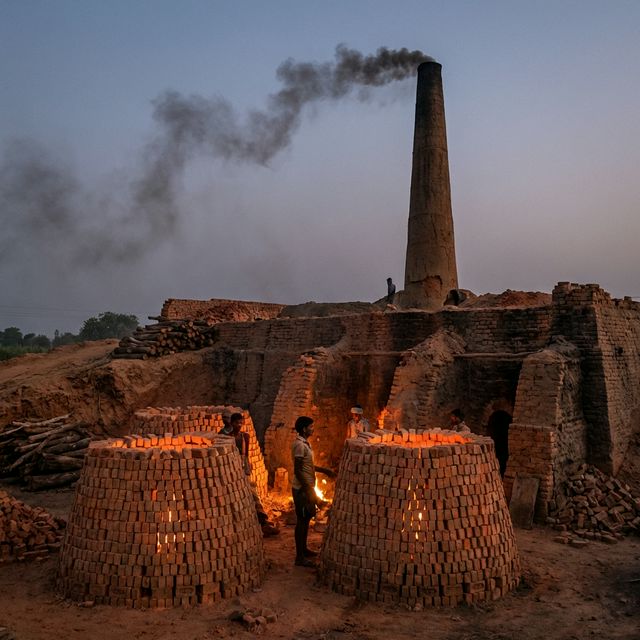 Bricks being fired in a kiln in India